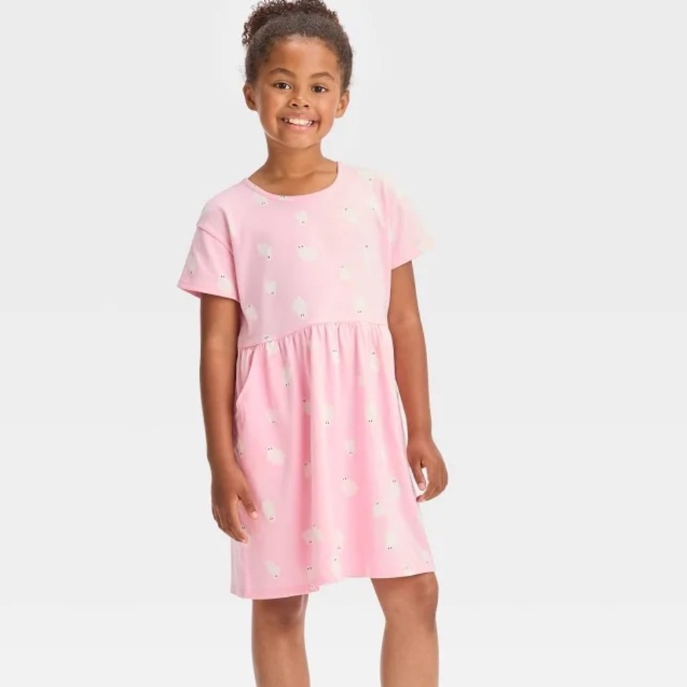 Cat & Jack Baby Pink Cute Ghost Girls Pocket Dress Halloween Size Large NEW